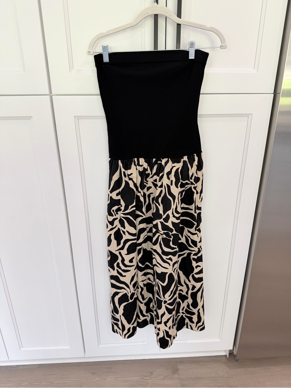 Sanctuary Black Strapless Dress with Cream and Black Print Skirt